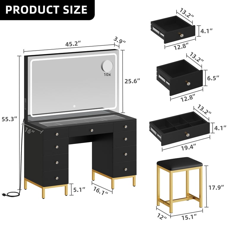 AUGESTER Lighted Makeup Vanity Set, Dressing Table Set With 12 Lights, 360° Rotating Oval Mirror, 5 Sliding Drawers, Elegant Cushioned Stool, For Bedroom Or Gifts Girls Women (Black), Black,White