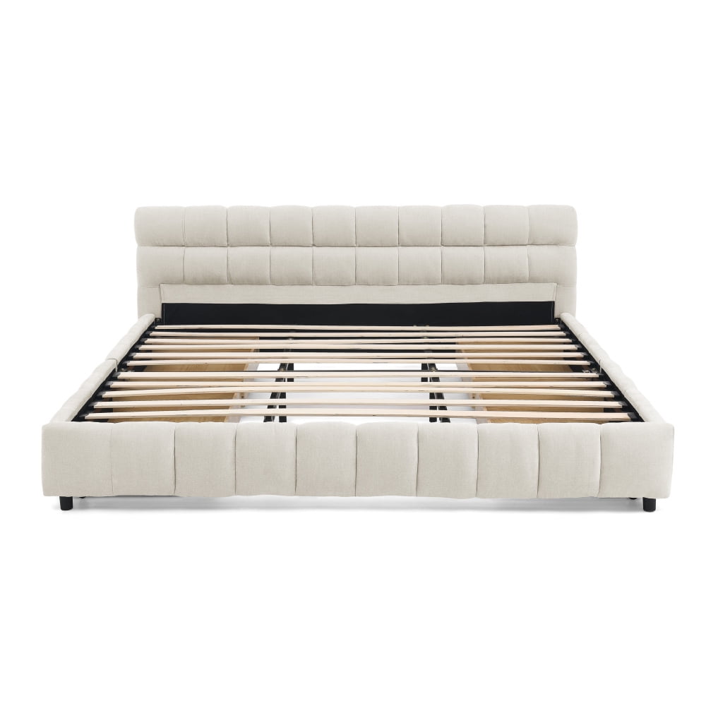 Hassch Platform Bed, King Size Modern Chenille Fabric Upholstered Grounded Bed Frame with Four Storage Drawers, Pink