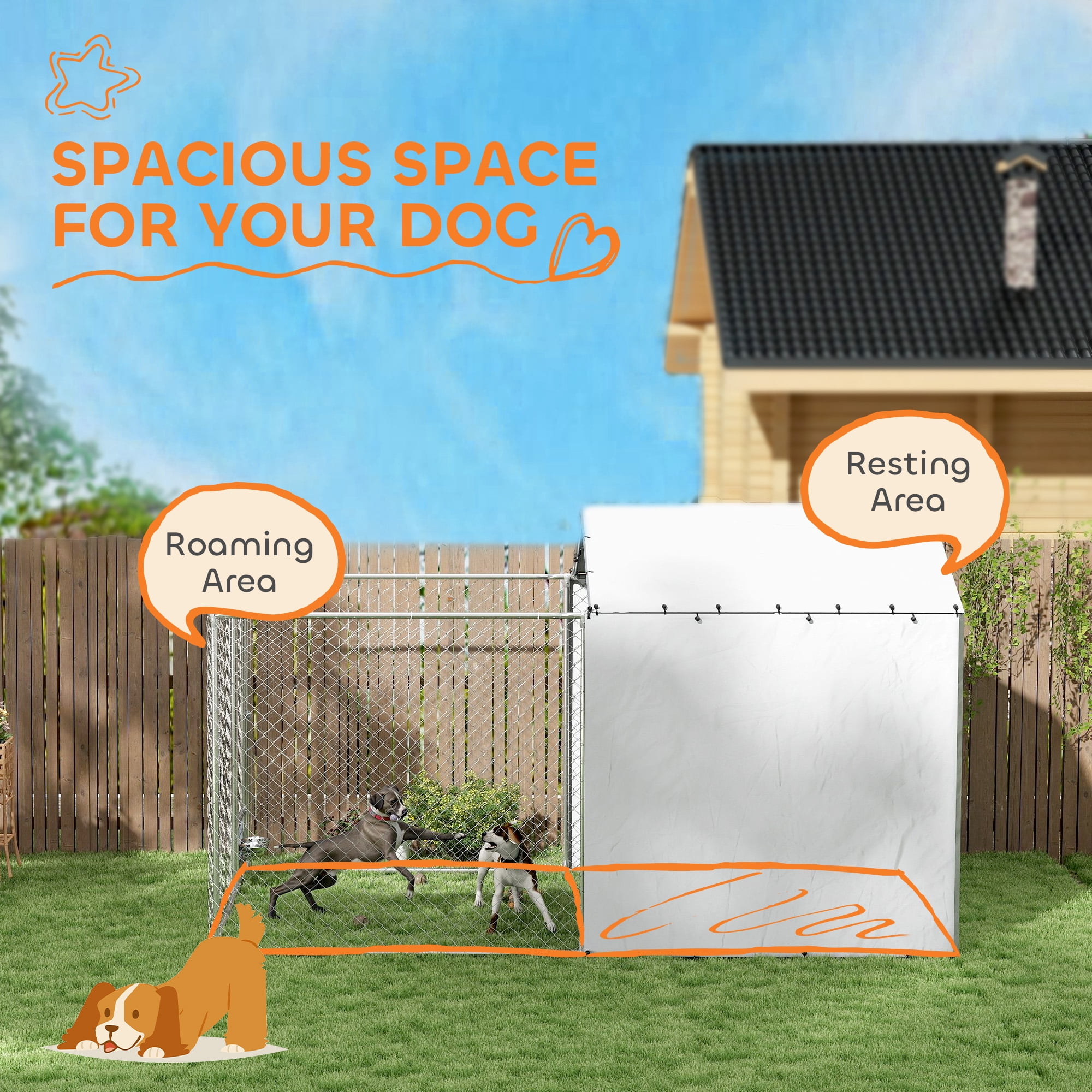 PawHut Large Outdoor Dog Kennel, Chain Link Dog Kennel Outside with Weather Resistant Cover, Rotating Bowls Door, for M&L Dogs, 13.1' x 7.5' x 7.5'