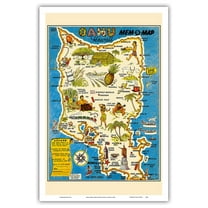 Oahu Hawaii Mem-O-Map - World War II Military Souvenir Map - Vintage Pictorial Map by John G. Drury c.1946 - Master Art Print (Unframed) 12in x 18in