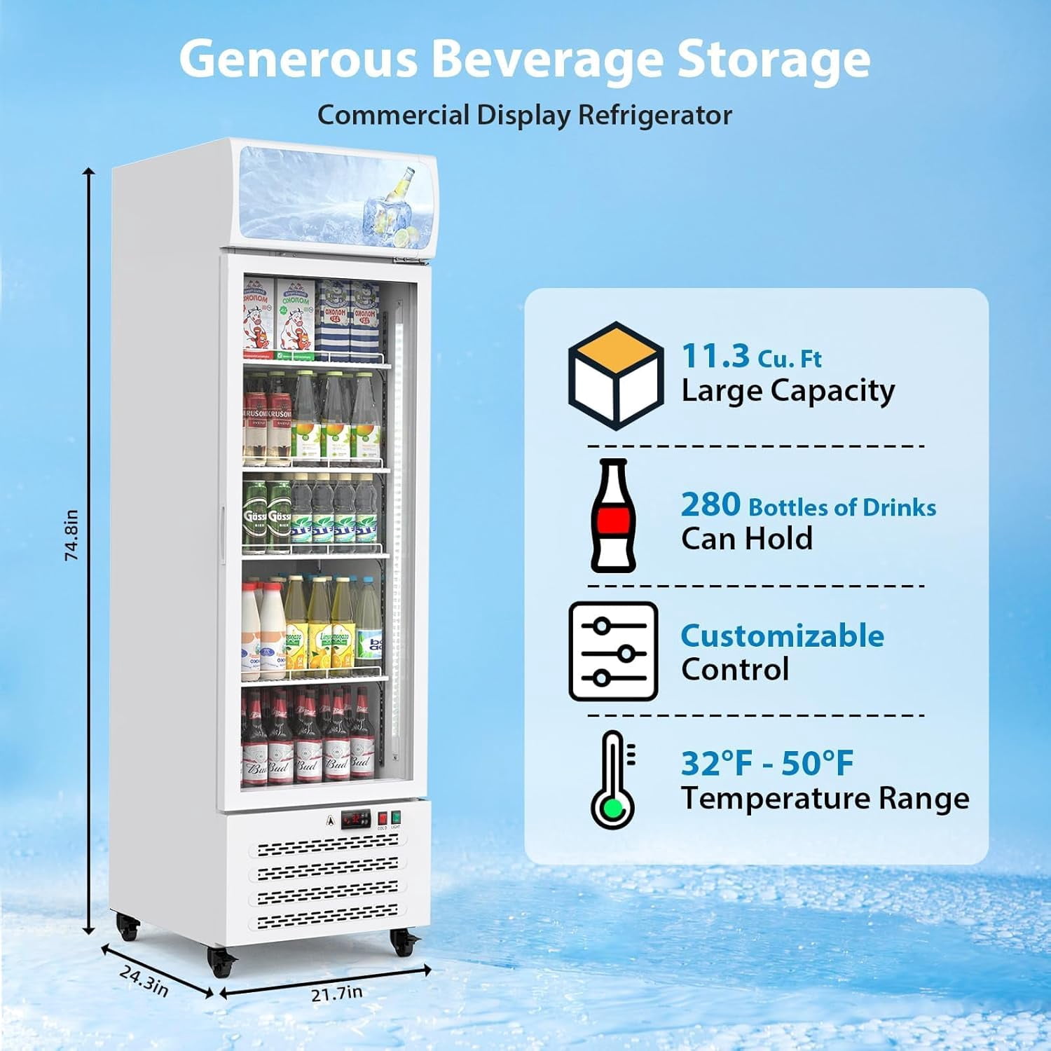 IdealHouse 13.4 Cu.Ft Commercial Merchandiser Refrigerator, Commercial Refrigerators With Glass Door and Soft Led Light, Display Refrigerator Upright Fridge With 3 Adjustable Shelves, White