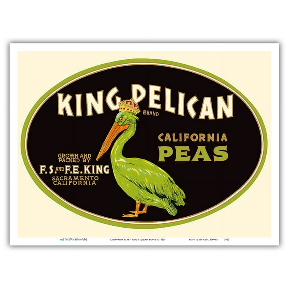 California Peas - King Pelican Brand - Vintage Fruit Crate Label c.1930s - Master Art Print (Unframed) 9in x 12in