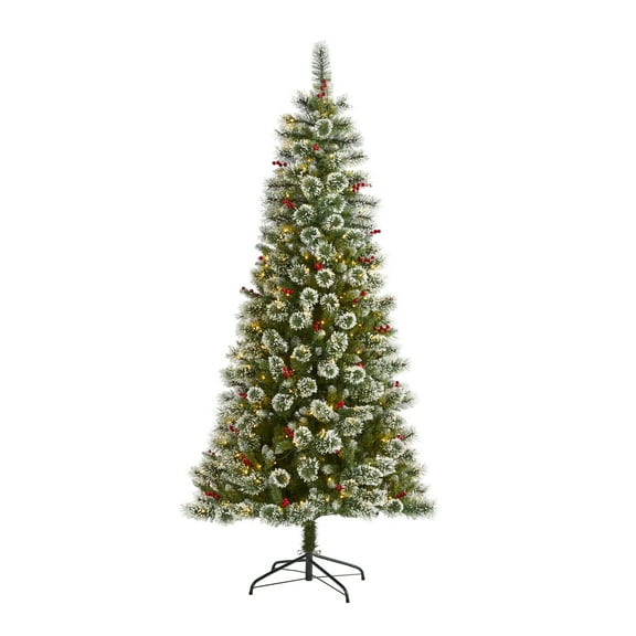 Nearly Natural 7ft. Frosted Swiss Pine Artificial Christmas Tree with 400 Clear LED Lights and Berries