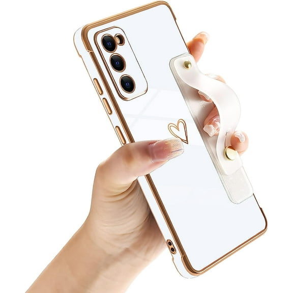 Compatible with Samsung Galaxy S20 FE 6.5" Luxury Case for Women Girls,Soft Silicone Plating Bumper Wristband Holder Case Slim Anti-Scratch Shockproof Love Heart Cute Case(Elegant White)