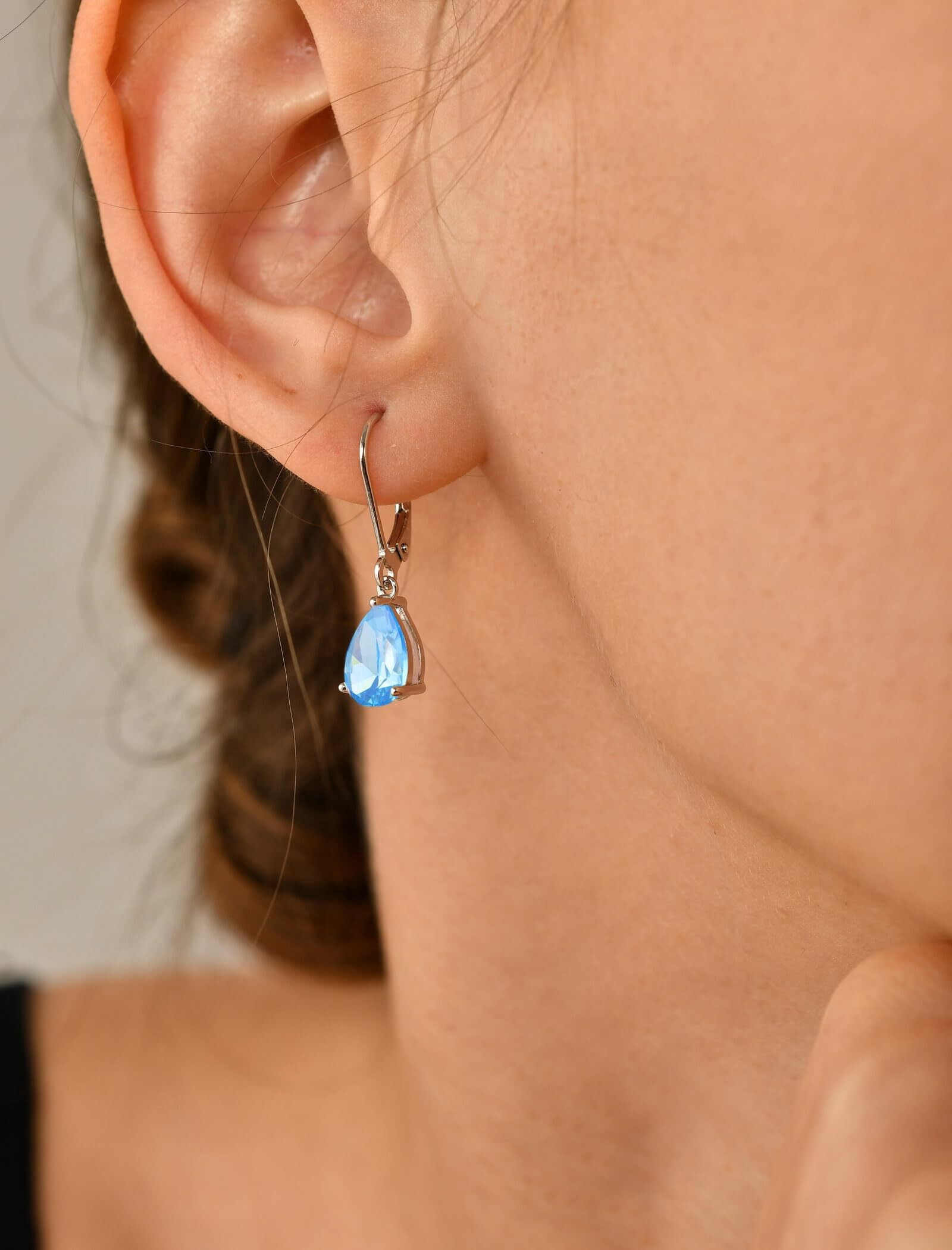 PYNZY Dangle Drop Earrings Sterling Silver Solitaire Leverback Teardrop Earrings for Women Birthstone Created Aquamarine Jewelry Gifts for Moms