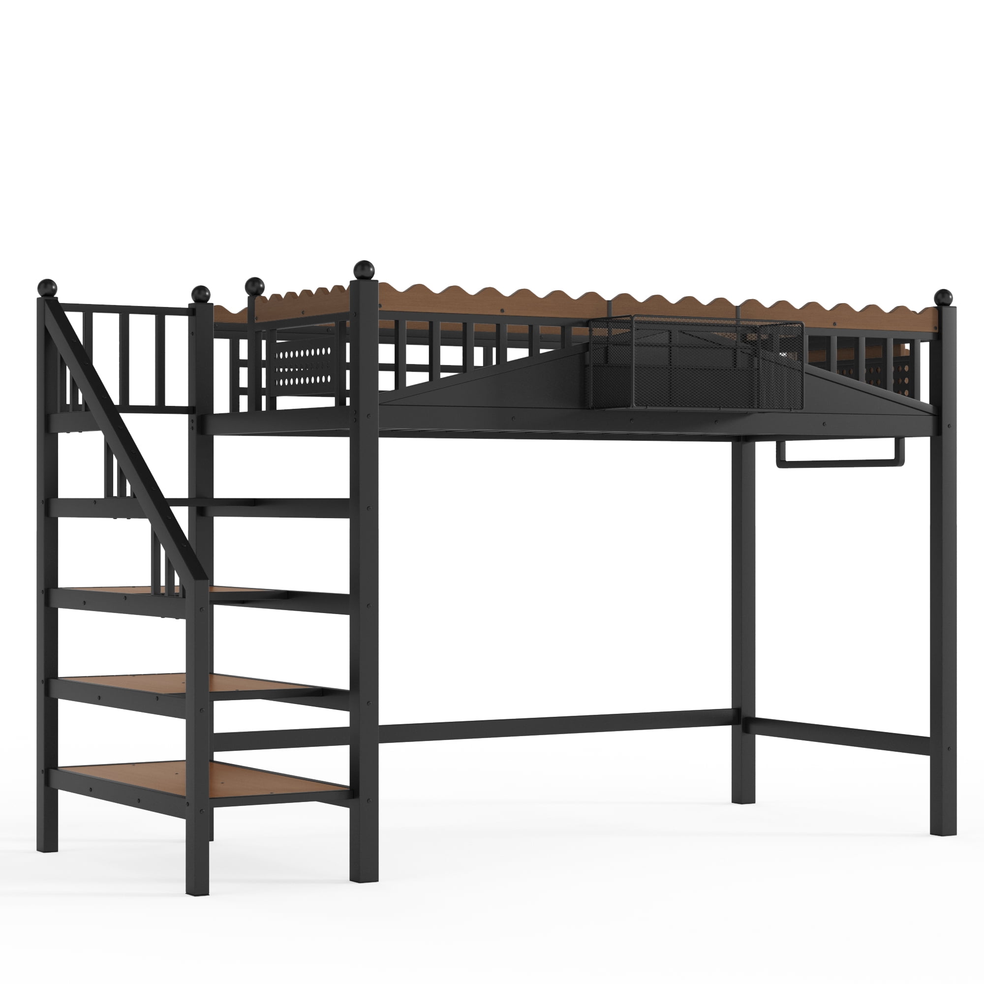 Twin XL Size Loft Bed with Storage Stairs & Bookshelf, Metal Loft Bed Frame with Storage Shelves, Space-Saving Loft Bed for Dorms, Small Bedroom, Black