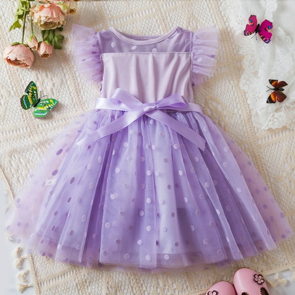 Little Girls Tutu-Dresses Cute Layered-Tulle Size 2-8 Toddlers Kids Trendy Solid A-Line Polka Dot Ruffle Sleeve Crewneck Birthday Dress