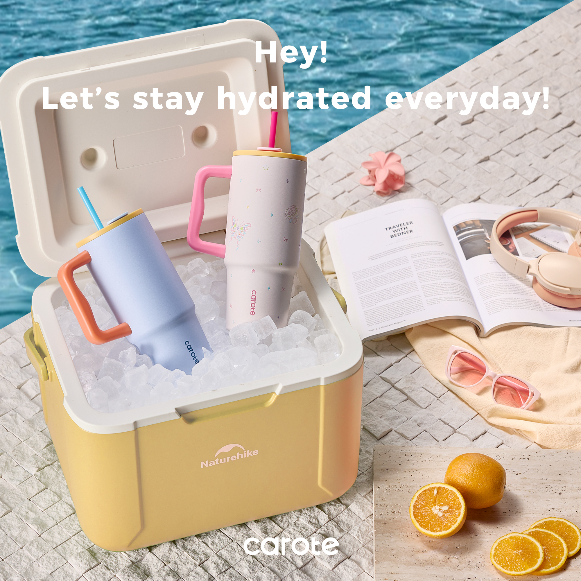 Carote 2pcs Heart Paradise Insulated Stainless Steel Tumbler and Water Bottle Set with Straw and Handle, 34 fl oz, Pink & Blue