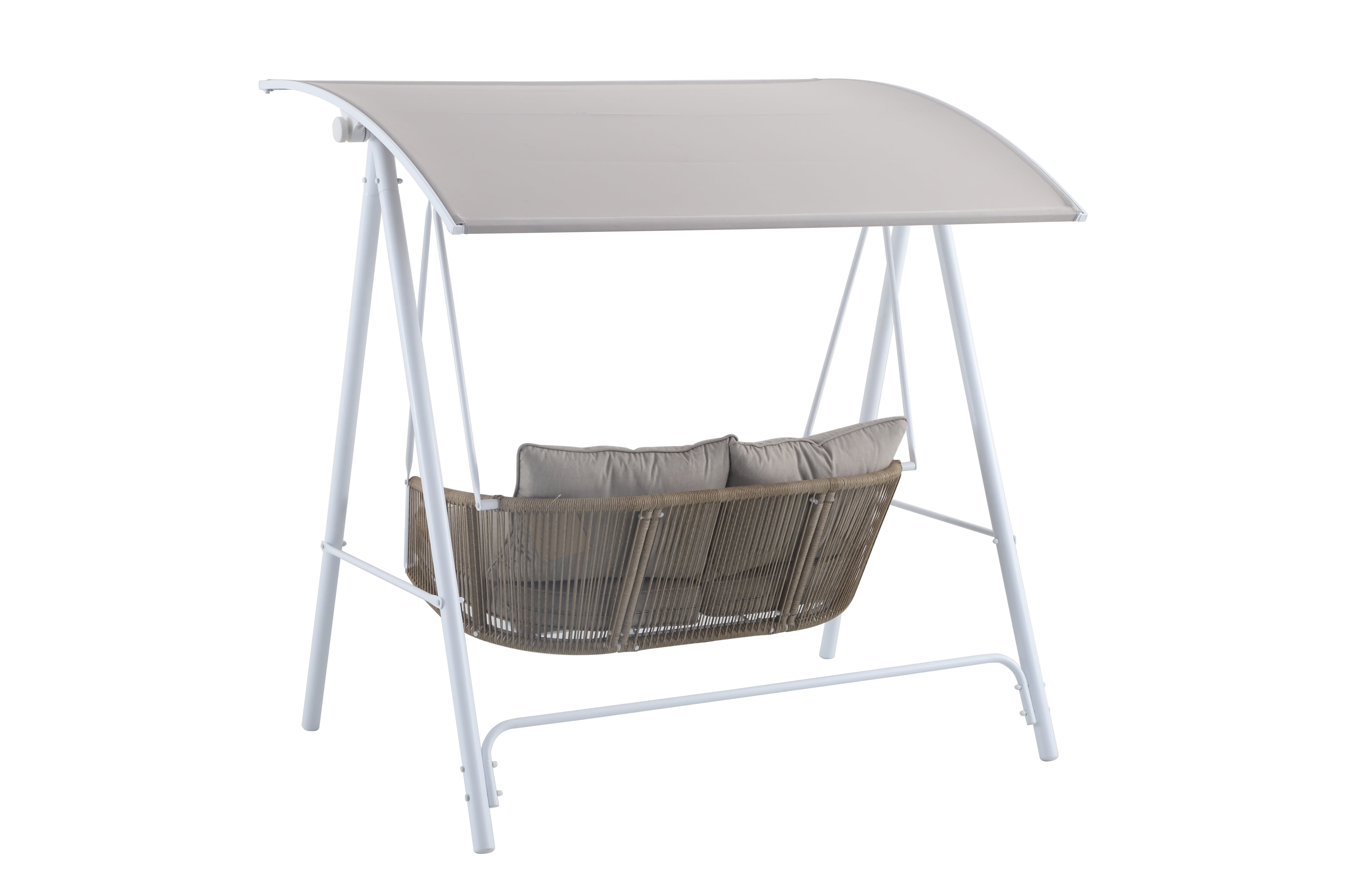 Mainstays Lawson Ridge 2-Seat Steel Outdoor Freestanding Porch Swing with Canopy and Cushions, Tan