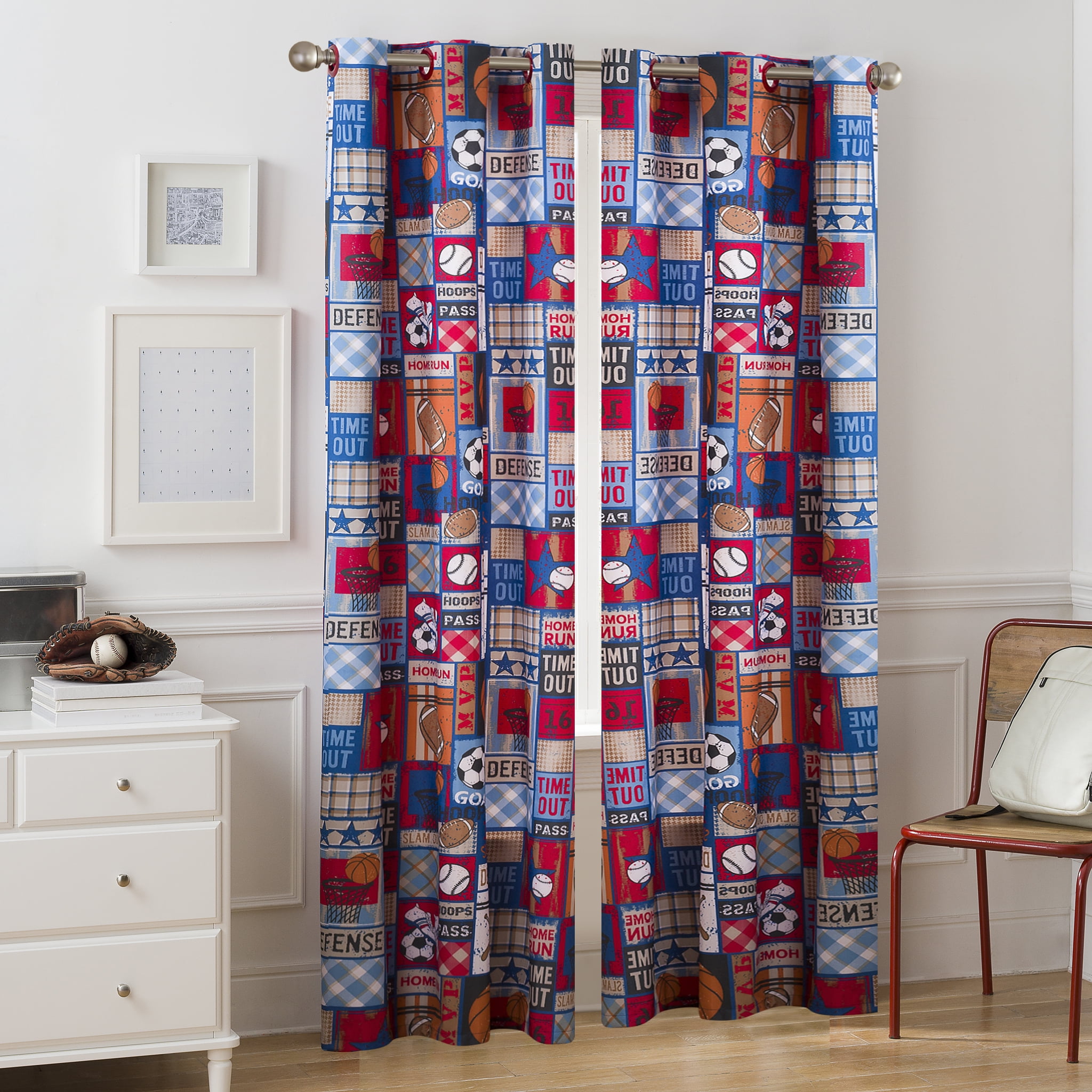 Your Zone Kids Sports Patch Room Darkening Grommet Single Curtain Panel, 42 in x 84 in, Multicolor