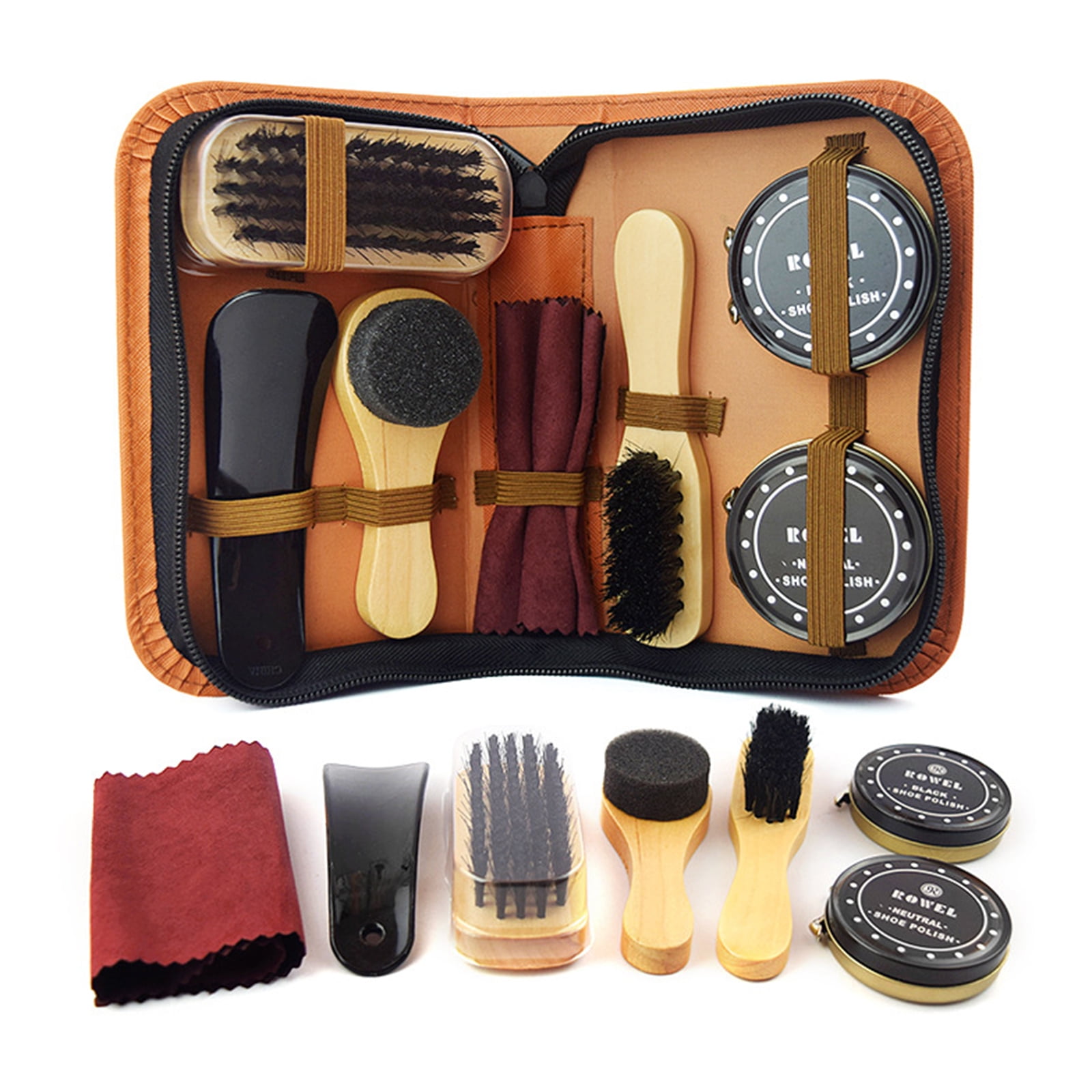 eBuyGB Shoe Shine Polish Kit in Travel Case Black and Neutral 8 Piece Brush Kit 