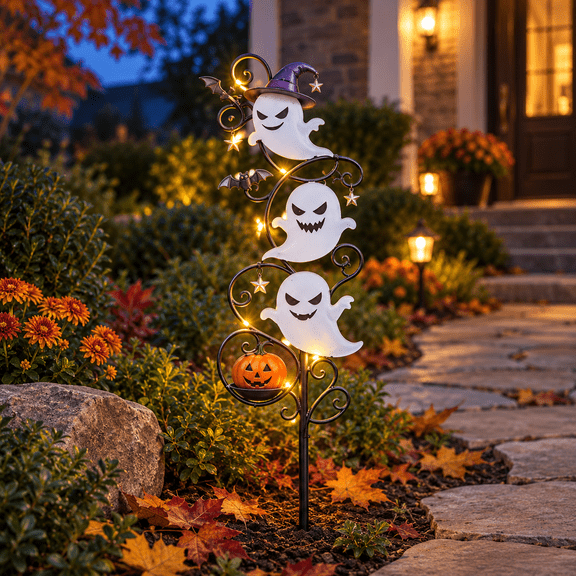 3 Pack Solar Halloween Ghost Garden Stake Lights, Metal Glowing Ghost Yard Decor, IP65 Waterproof Outdoor Pathway Lights with Pumpkin Star Ornament for Patio Lawn Halloween Decorations