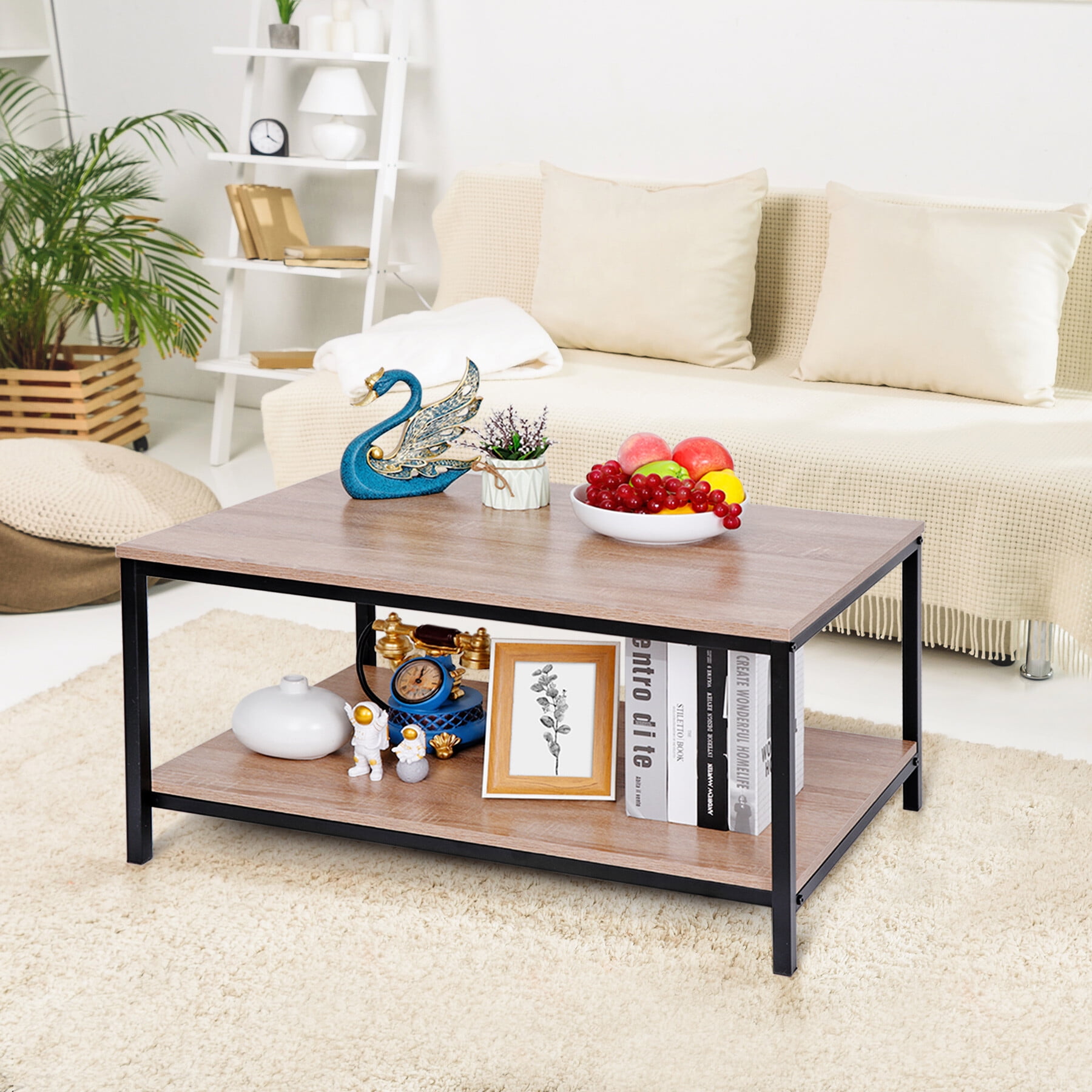 ZenSports Rectangle MDF Coffee Table W/Storage Shelf, Metal Cocktail Table, Natural
