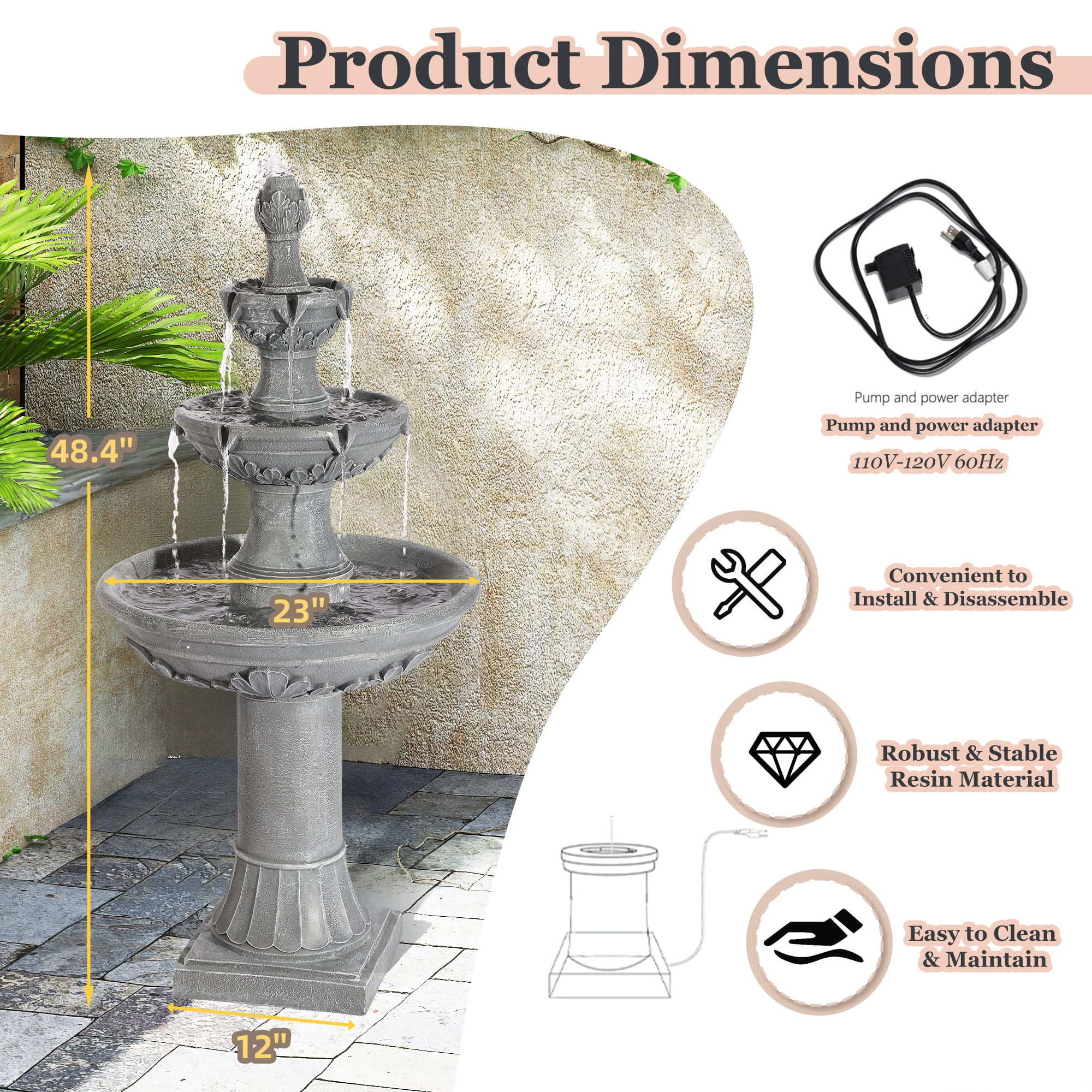 Haverchair Outdoor Pineapple Italian Water Fountain - 48.4" H Floor Bubbler Garden Waterfalls Fountain, 3 Tiered Cascading Freestanding Garden Fountain for Indoor, Yard, Lawn and Garden Décor