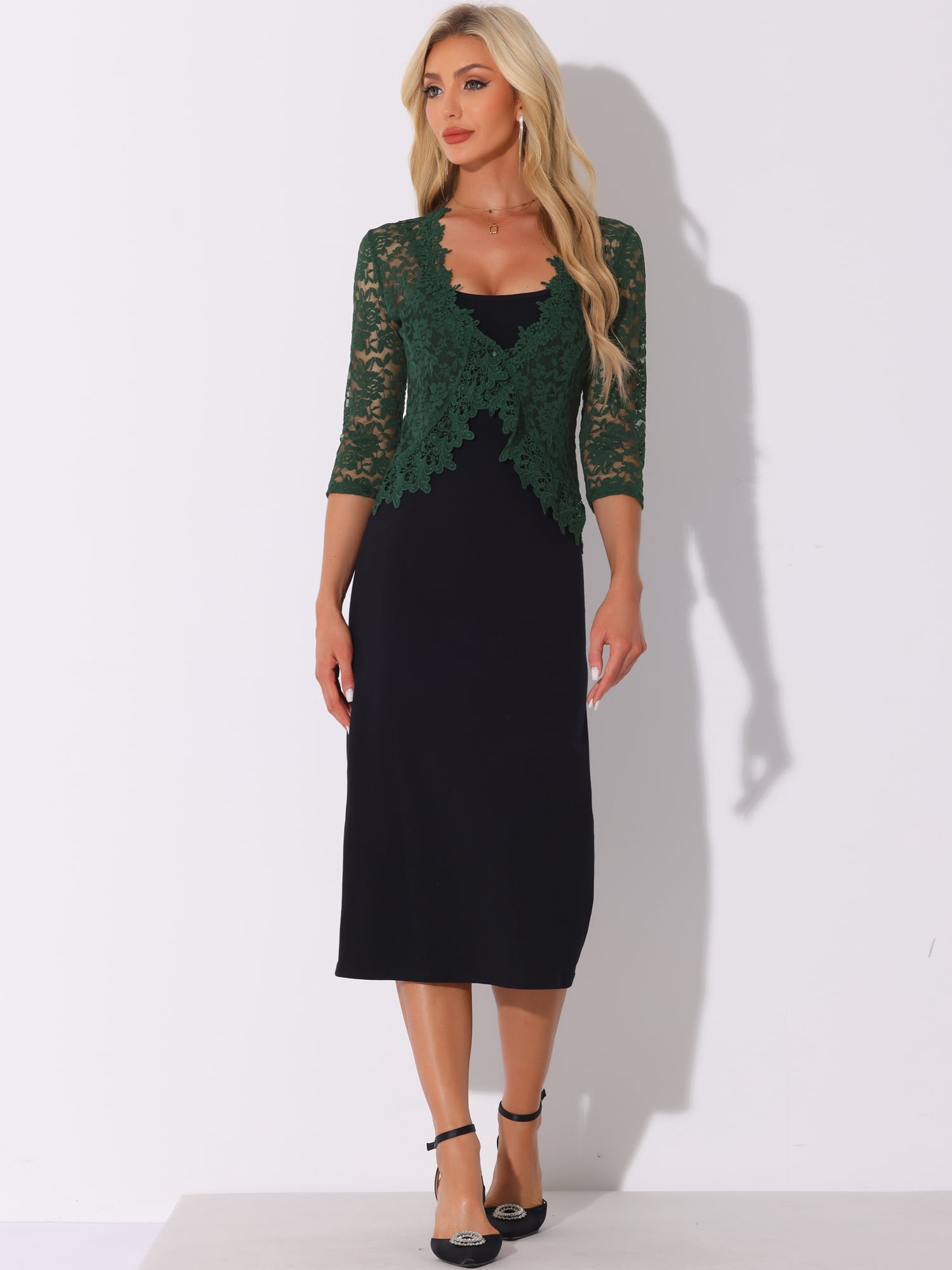 DARING DIVA Women's Floral Lace Shrugs Evening 3/4 Sleeves Formal Bolero Cardigan M Dark Green
