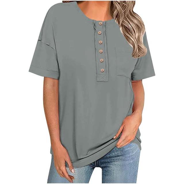 Yuyuzo Womens Summer Tops Short Sleeve Shirts Button up Crewneck Loose Fitted Blouses