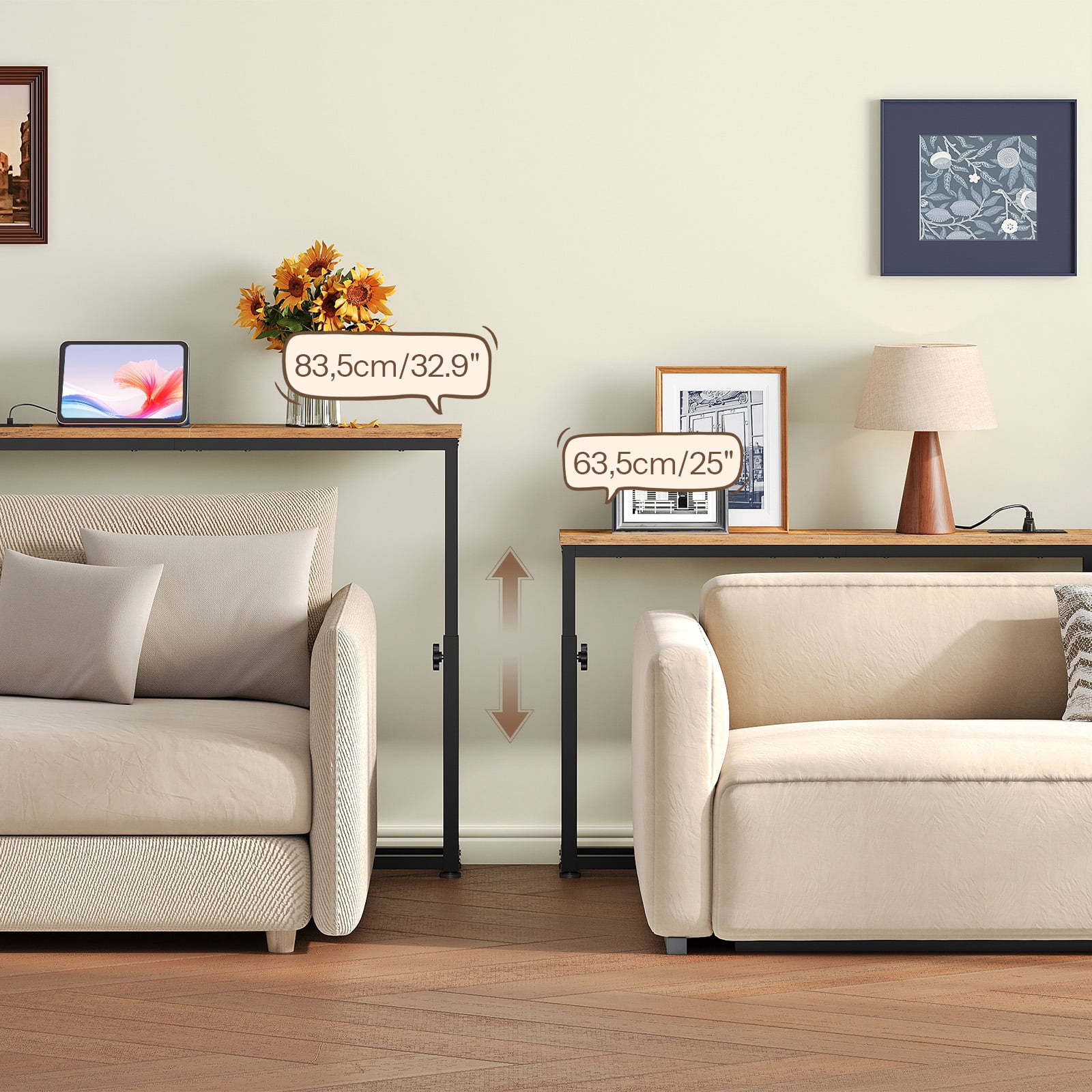 HOOBRO Farmhouse Adjustable Height Narrow Console Table with Charging Station, Rustic Brown