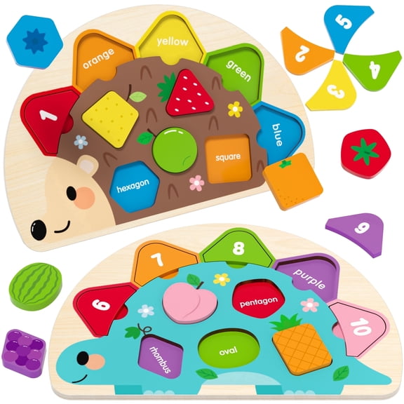 Montessori Toys for 1 2 3 Year Old, Wooden Puzzles Dinosaur Hedgehog Toy for Toddlers, Shape Sorter & Color Match Toddler Puzzles, Baby Puzzle Learning Toys Birthday Gifts for Girls Boys