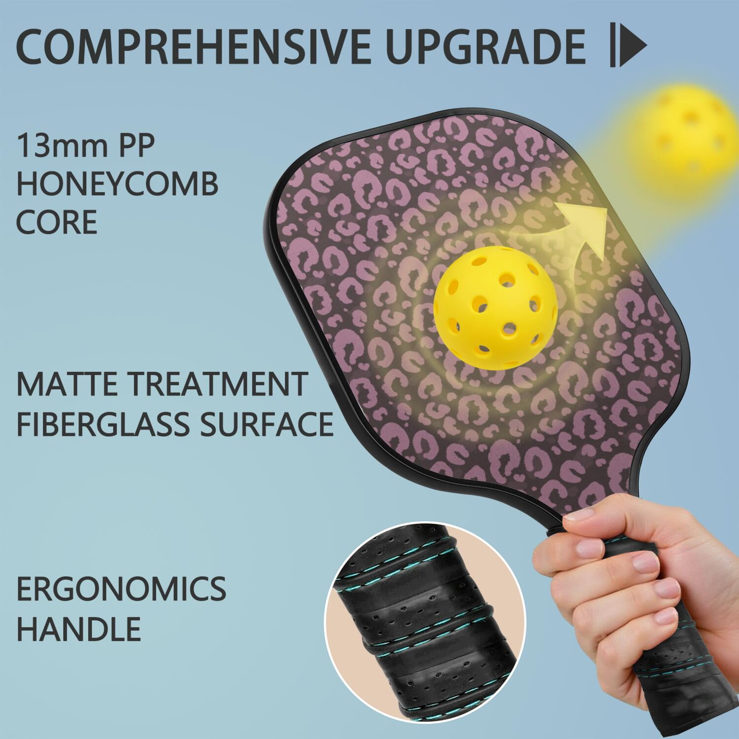 Pickleball Paddles Set Of 1, Fiberglass Surface, Animal, Leopard Print, 1 Paddle, 2 Balls & Bag