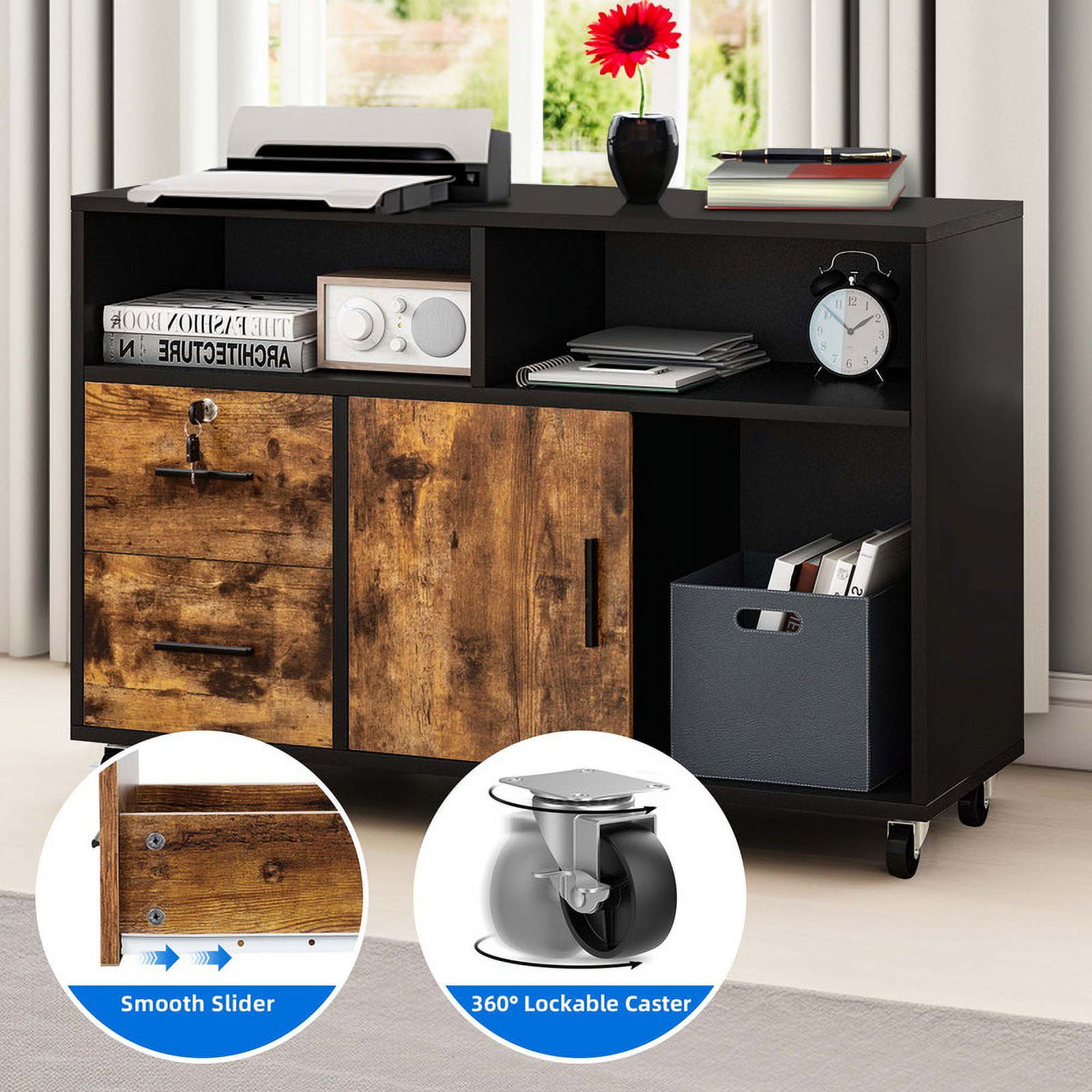 Dextrus 2 Drawer Wood File Cabinet, Mobile Lateral Filing Cabinet with Lock, Printer Stand with Open Storage Shelves for Home Office,Black & Rustic Brown