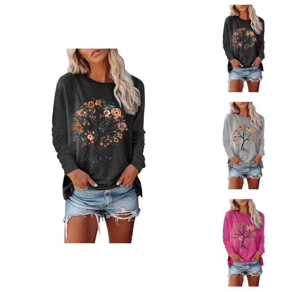 Long Sleeve Shirts for Women 2026 Spring Fall Casual Crewneck Flower Tree Graphic Shirt