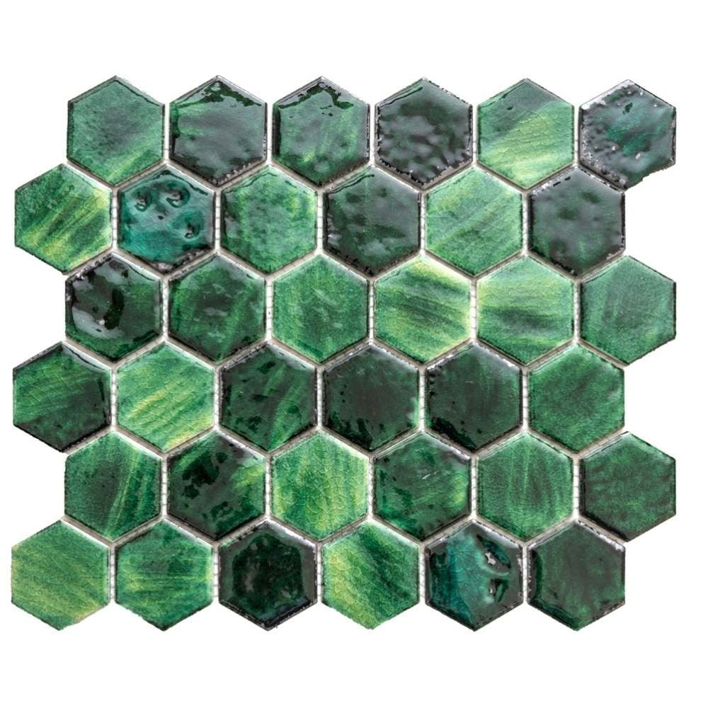 The Tile Life Agate 2 in x 2 in Hexagon Emerald Glossy Porcelain Mosaic Wall Tile 1 Sheet