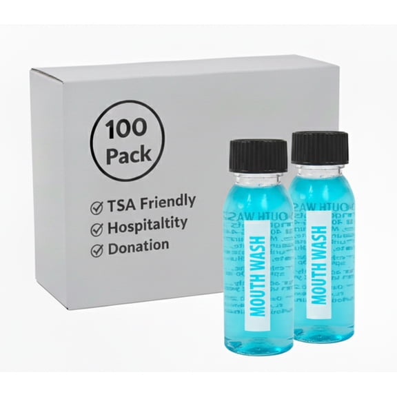100 Bottles 1 oz. (1 Ounce) Mouth Wash for Dental Hygiene, Oral Care, Cavity Prevention, Hospitality, Hotel, Charity, Donation Drives