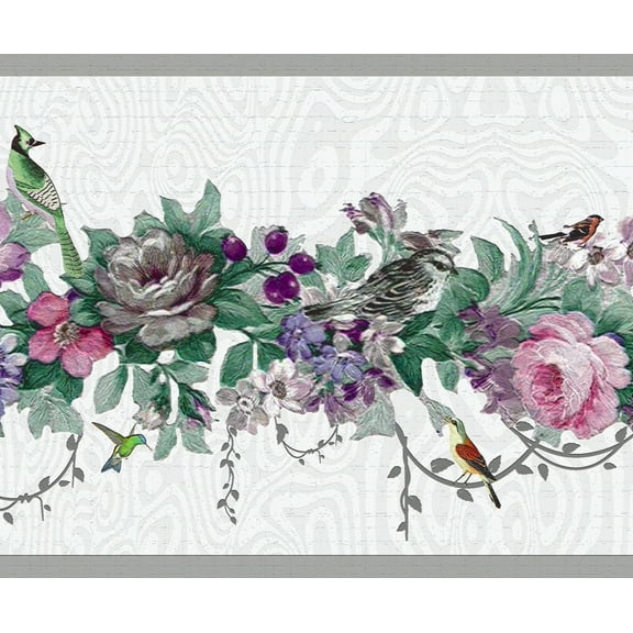 Dundee Deco Peel and Stick Self Adhesive Wallpaper Border - Floral Pink, Purple Flowers, Birds, 15 ft x 7 in