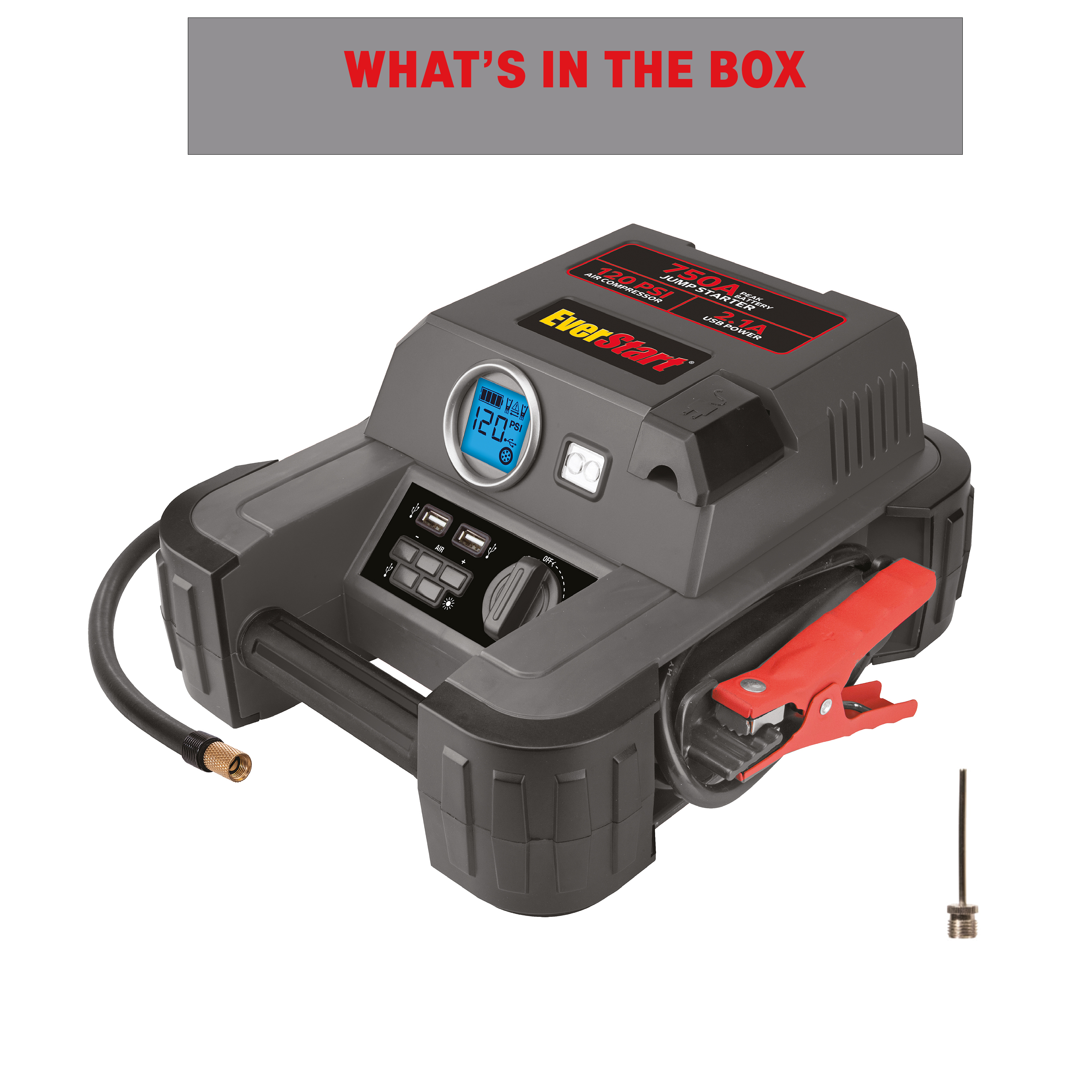EverStart 750A Jump Starter with Reverse Polarity Alarm, 120 PSI Digital Compressor, Clamps Included - image 5 of 6