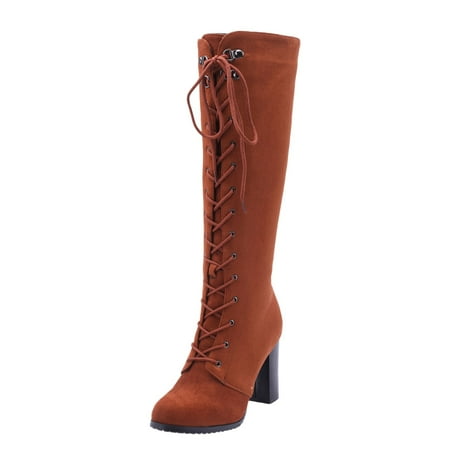 OJSFQUFP Winter Womens Boots Oversized Women s Boots Border Thick High Heel Side Zipper Tie High Boots Comfortable Fall Shoes Biker Boots Brown 40
