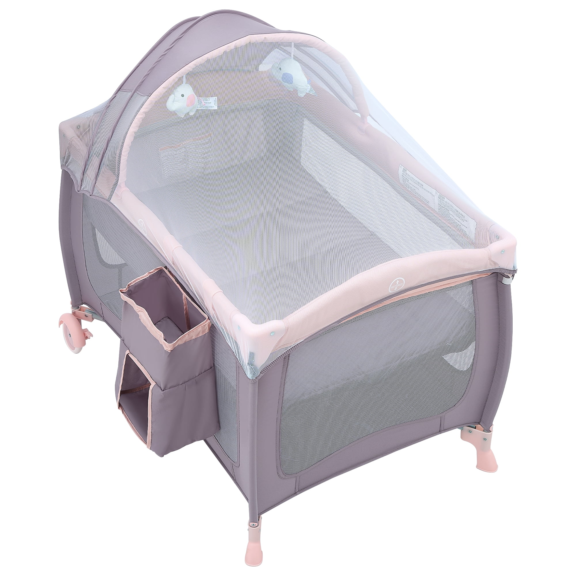 Pamo Babe Baby Playard, Foldable Changing Table, Wheels, Canopy for Newborn, Four-Panels