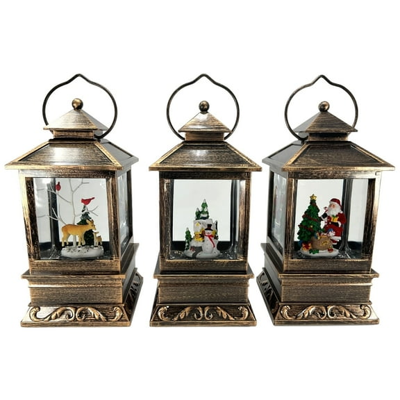 Battery Operated Lighted Holiday Lantern with Christmas Scene 3 Piece Set
