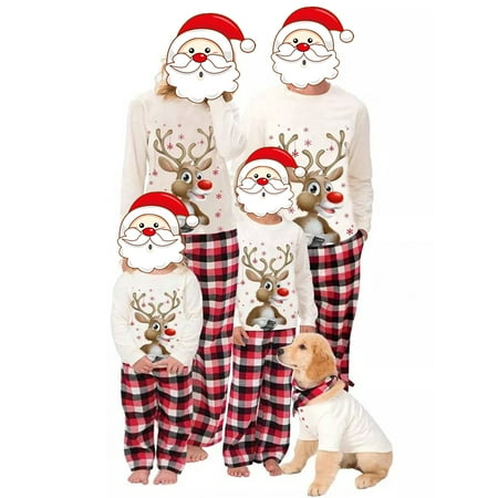 

Qiylii Parent-child Matching Christmas Pajamas Set Elk Top Plaid Trousers