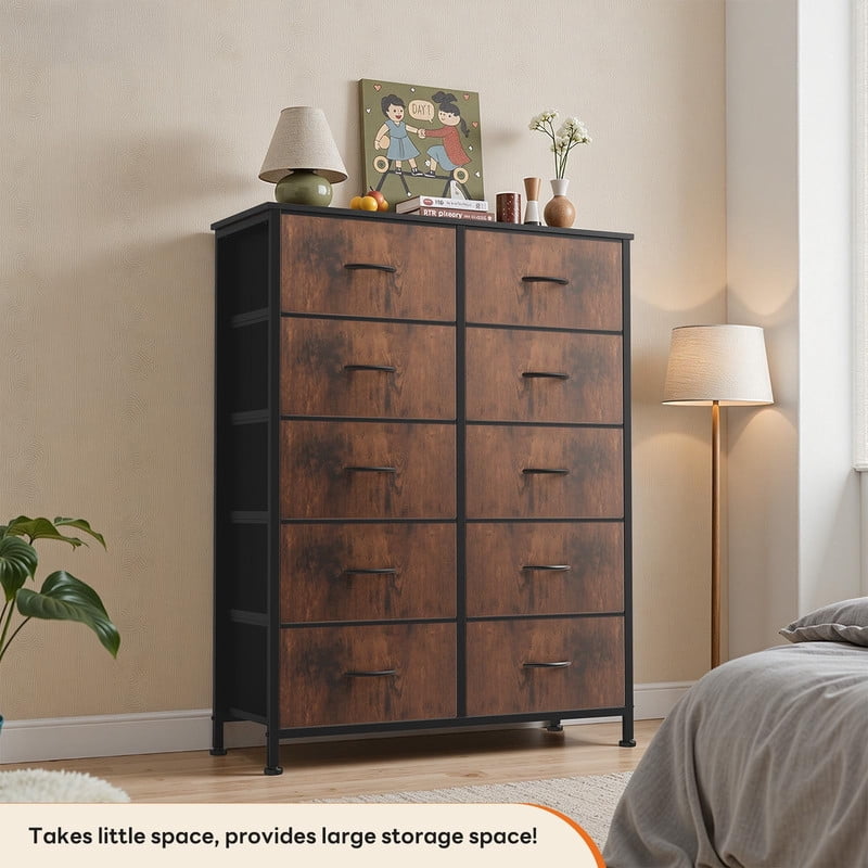 Kelno 10 Drawer Fabric Dresser Storage Tower Chest Organizer with Wood Top Steel Frame, Rustic Brown