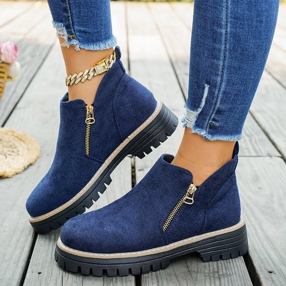 Willtoo Fall Shoes for Women 2026 Ankle Boots Side V Cut Platform Chunky Heels Short Booties with Zipper Round Toe Low Heel Comfortable Walking Non Slip Boot Low-top Loafer