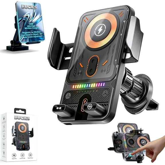2026 New Cool Car Wireless Fast Charging Holder, 15W Auto-Clamping Wireless Car Charger Mount with 90° Rotating, Universal Air Vent Phone Holder for All Smartphones