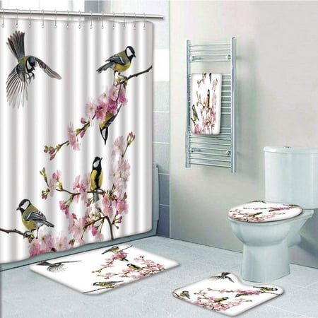 PRTAU Group of Cute Humming Birds on a Flowering Branch Best Friends Peace 5 Piece Bathroom Set Shower Curtain Bath Towel Bath Rug Contour Mat and Toilet Lid