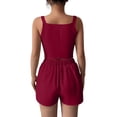 thumbnail image 4 of Matching Airport Travel Outfit Women Fashion Casual Solid Color V Neck Sleeveless High Waisted Shorts Red S, 4 of 5