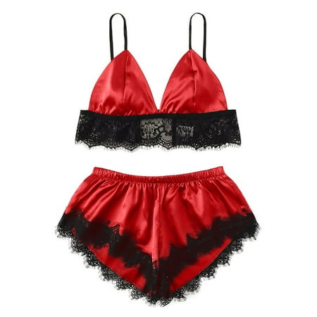 

BIZIZA Sexy Cami Crop Top and Shorts Sets Nightwear Lingerie Two-Piece Sleepwear for Women Lace Loungewear Pj Set Pajamas Set Red XXL