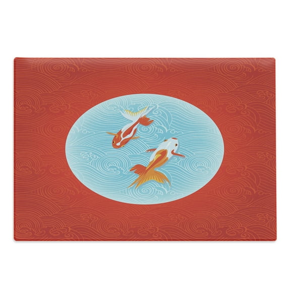 Goldfish Cutting Board, Pair of Goldfishes over Inverted Japanese Flag in Waves Print, Decorative Tempered Glass Cutting and Serving Board, in 3 Sizes, by Ambesonne