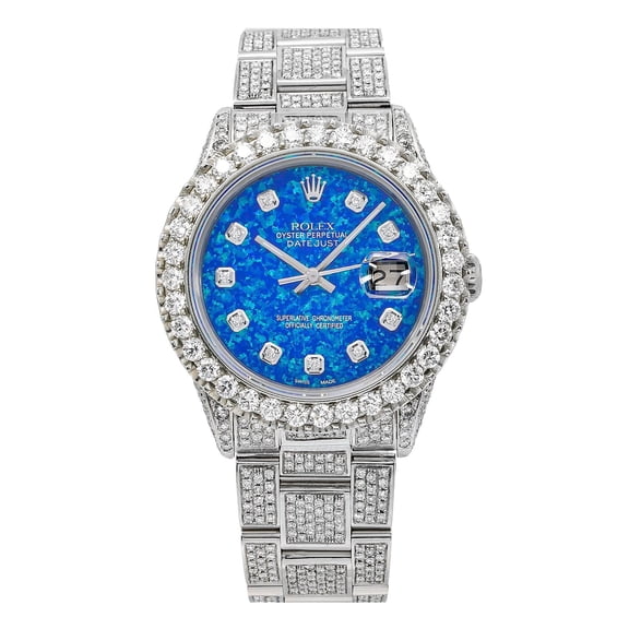 Pre-Owned Rolex Datejust 36MM 16014 Blue Diamond Dial Diamond Bezel Stainless Steel Full Diamond Oyster Bracelet