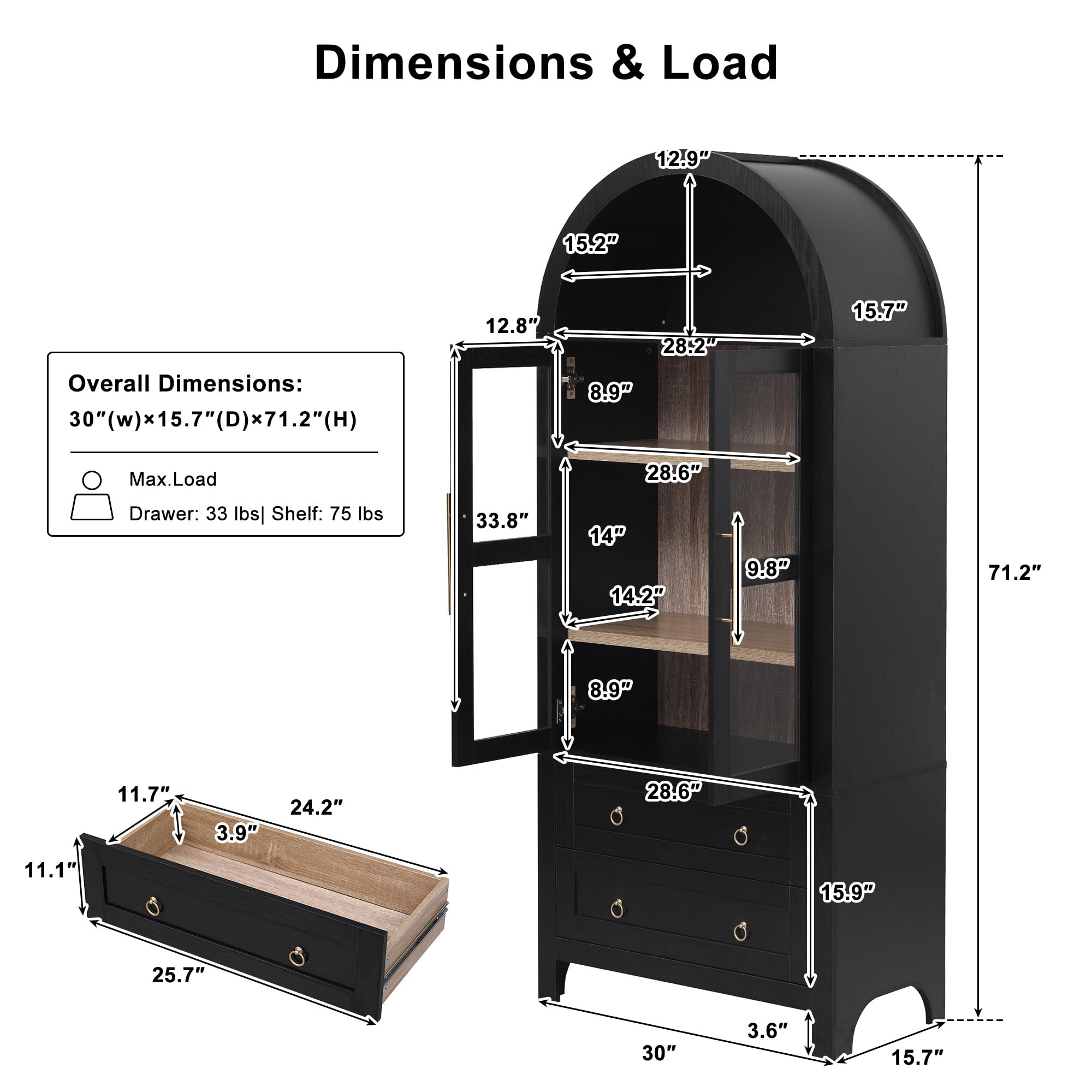 DEALTOPS Freestanding 71" Kitchen Pantry Cabinet with Arched Top, Adjustable Shelves and 2 Large Drawers, Black