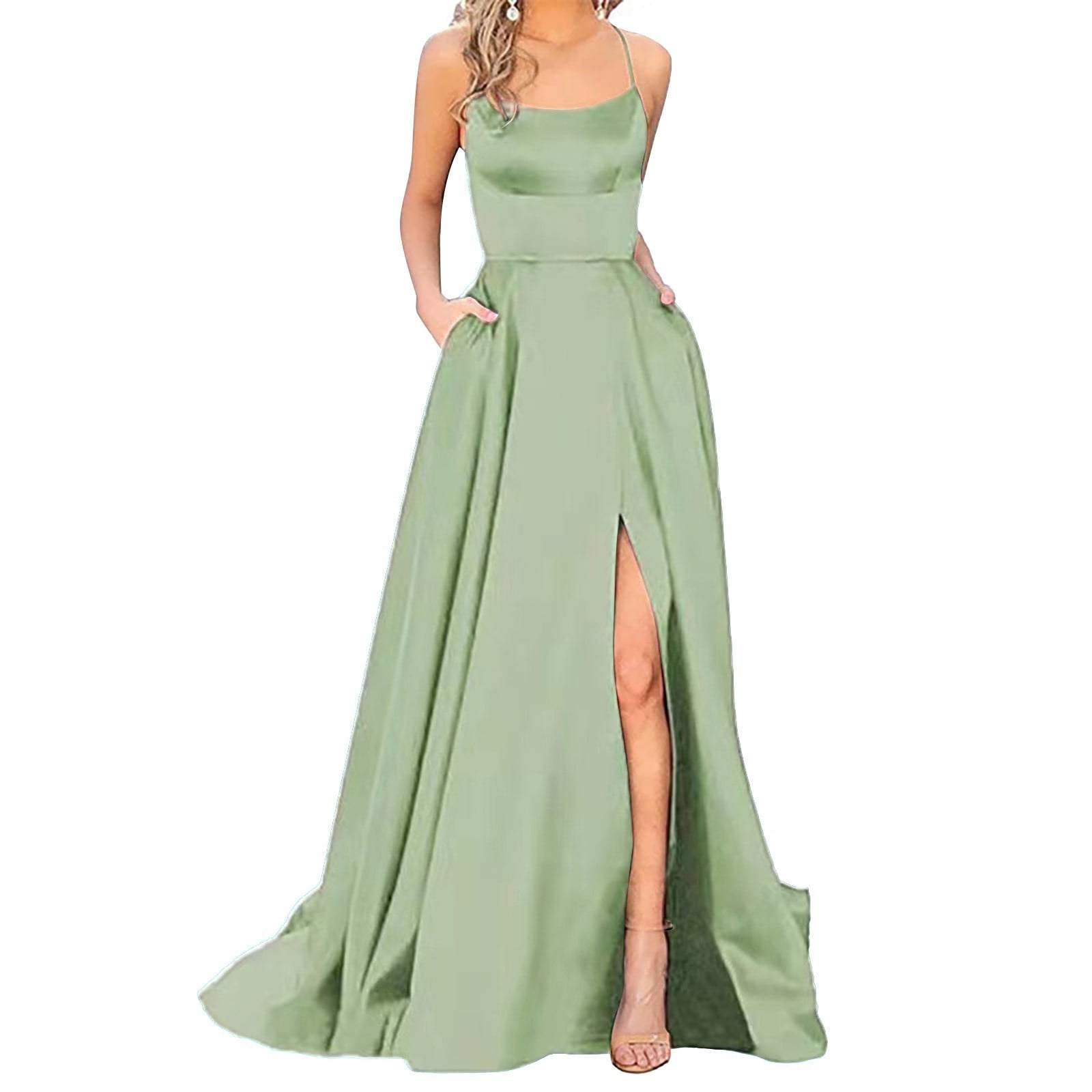 Women Maxi Dress Long Elegant Backless Long Crisn Satin Spaghetti Side
