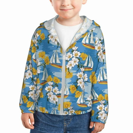 

Rash Guard for Boys Girls - Flower and Sail Boat Lightweight Long Sleeve Sun Protection Jacket Hooded Cooling Swim Shirt with Zipper for Toddler Kids Children