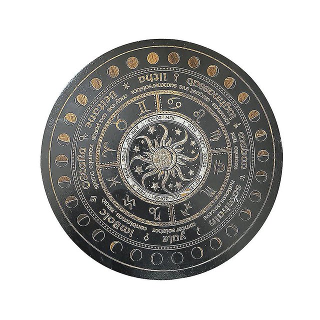 Tablero grabado en madera con forma de pentáculo de altar, rueda del zodíaco, signo místico para el hogar, interior y exterior.