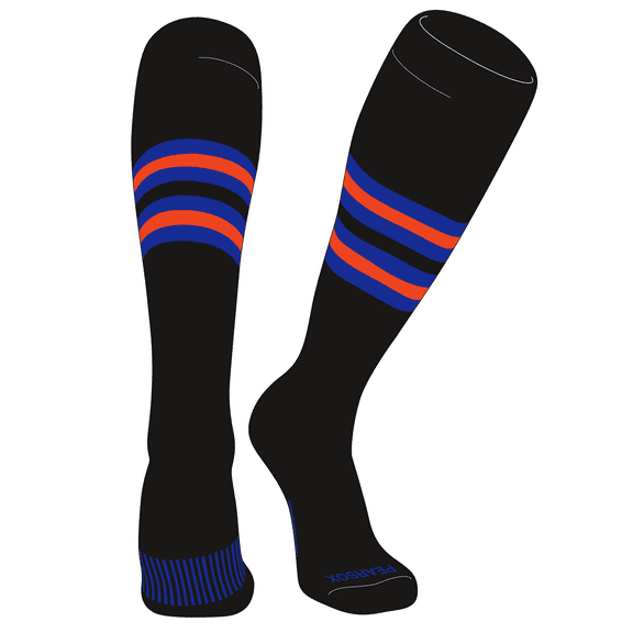 PEAR SOX Striped OTC Baseball, Softball, Football Socks (F) Black, Royal, Orange (XS)