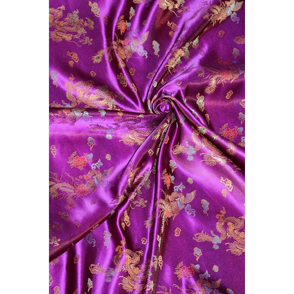 Chinese Dragon & Phoenix Bird Brocade Satin, Sells by the Yard From Sal Tex Fabrics, Purple