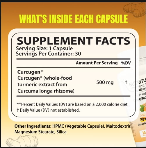 Turmeric Curcumin Supplement for Joint, Gut & Mood Support–39X Absorption – 100% Turmeric Matrix – Vegan, Non-GMO, Clean Label – 500mg – 30 NutriCumin 100 Capsules