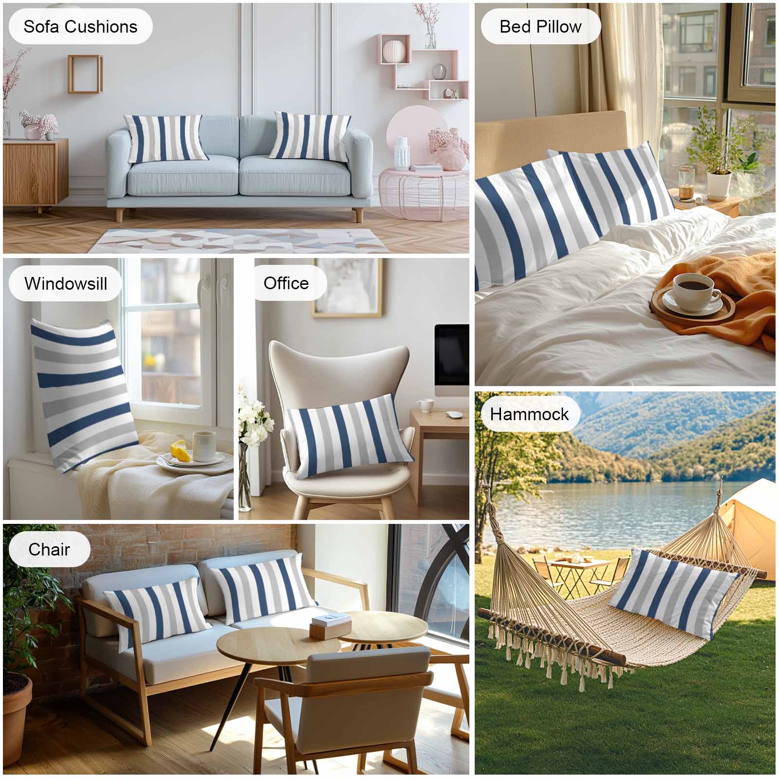 Outdoor Throw Pillows Covers 12X20 Set of 2 Waterproof Striped Decorative Zippered Cushion Covers for Patio Furniture, Navy Blue Gray White Lumbar Pillowcases