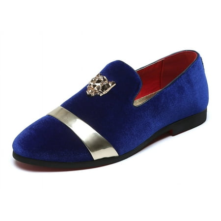 Santimon Men Velvet Loafers Golden Animal Buckle Slip-On Formal Dress Shoes Blue 12 US